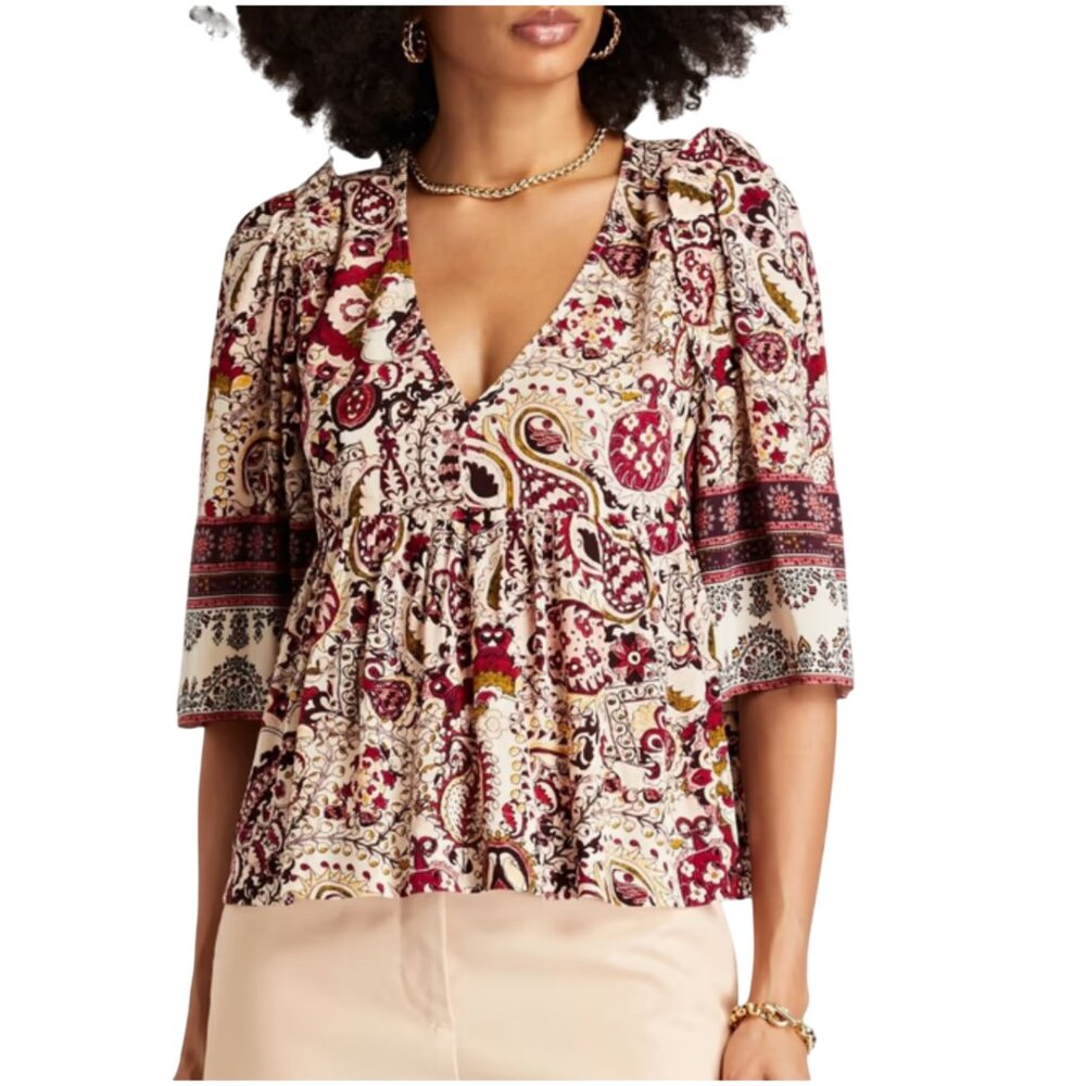 ba&sh Zarry paisley-print crepe blouse size 1 US S small 4 v-neck top red